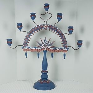 Vintage Swedish Folk Art 7 Arm  Candelabra (Aventljusstakes) Country Blue/Red